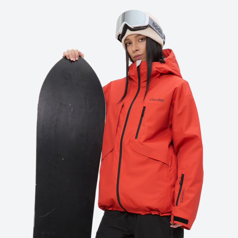 Colorblock ski jacket and pants set - women's solid orange-red, for skiing and snowboarding