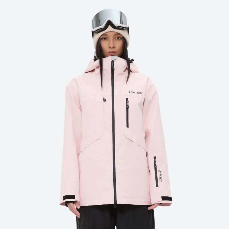 Waterproof snow jacket and pants set - light pink, on-model front view, for skiing and snowboarding