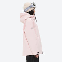 
                  
                    Breathable ski jacket and snow pants combo - light pink, on-model hood side view, for resort and backcountry days
                  
                