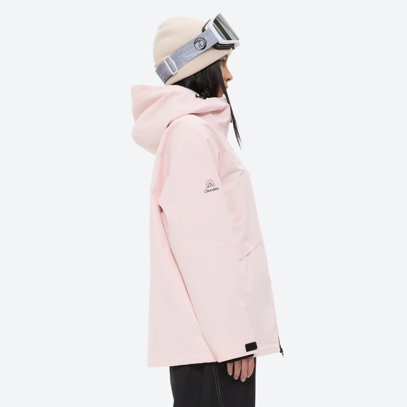 Breathable ski jacket and snow pants combo - light pink, on-model hood side view, for resort and backcountry days