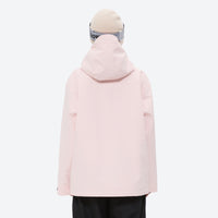 
                  
                    Colorblock snowboard jacket and pants set - light pink, on-model back hood view, for powder and piste riding
                  
                