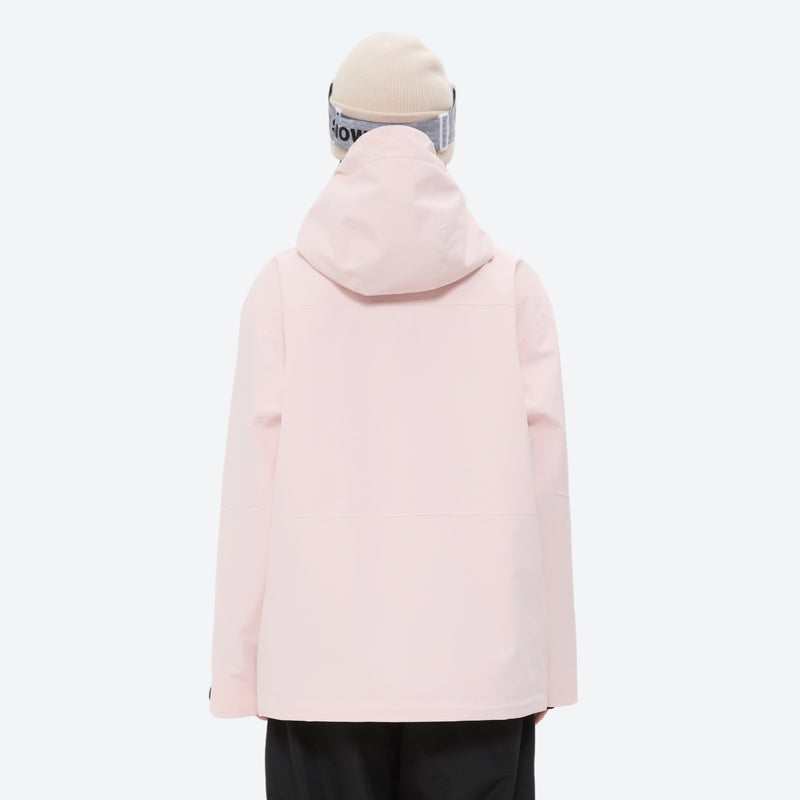 Colorblock snowboard jacket and pants set - light pink, on-model back hood view, for powder and piste riding