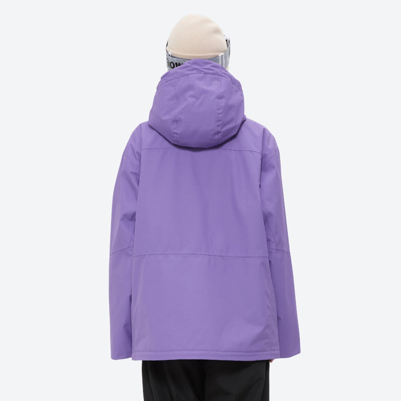 Colorblock ski jacket and pants set - women's solid purple, on-model back hood view, for resort and powder riding