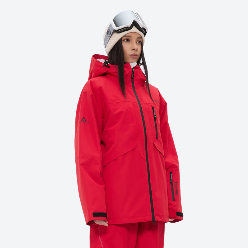 Women's waterproof 2L snow jacket and bib pants series - red jacket with red bib pants, for powder days and winter commute