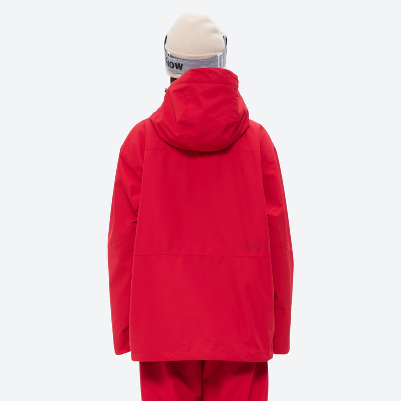 Waterproof snow jacket and pants set - red, on-model back hood view, for powder and piste riding