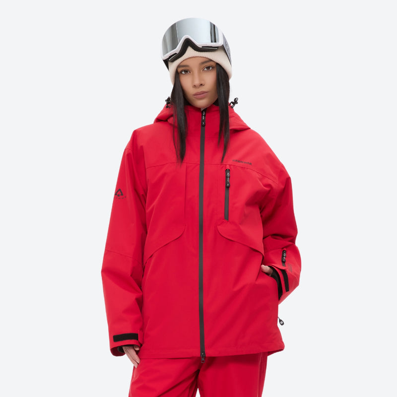 Aussie season clearance ski jacket and pants - red ski jacket on women with goggles beanie, for snow sports weekends
