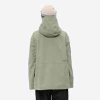 
                  
                    Waterproof snow jacket and pants set - sage green, on-model back hood view, for cold-weather winter sports
                  
                
