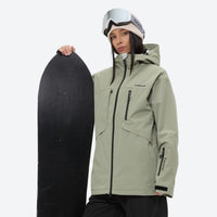 
                  
                    Colorblock snowboard jacket and pants set - sage green, on-model front with upright snowboard, for powder and piste riding
                  
                