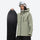 Colorblock snowboard jacket and pants set - sage green, on-model front with upright snowboard, for powder and piste riding