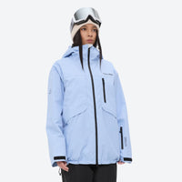 
                  
                    Colorblock ski jacket and pants set - women's solid sky blue, on-model three-quarter front view, for resort and powder riding
                  
                