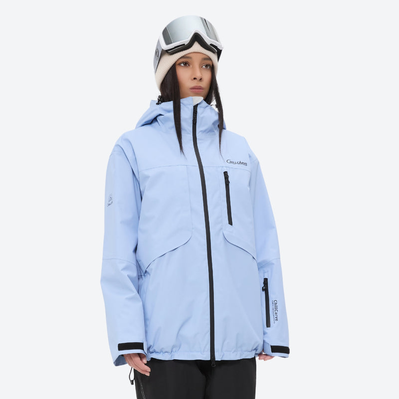 Colorblock ski jacket and pants set - women's solid sky blue, on-model three-quarter front view, for resort and powder riding
