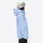 Colorblock snowboard jacket and pants set - sky blue, on-model hood side view, for skiing and snowboarding