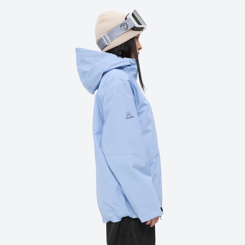 Colorblock snowboard jacket and pants set - sky blue, on-model hood side view, for skiing and snowboarding