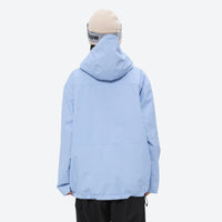 
                  
                    Waterproof snow jacket and pants set - sky blue, on-model back hood view, for resort and backcountry days
                  
                