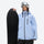 Waterproof snow jacket and pants set - sky blue, on-model front with upright snowboard, for powder and piste riding