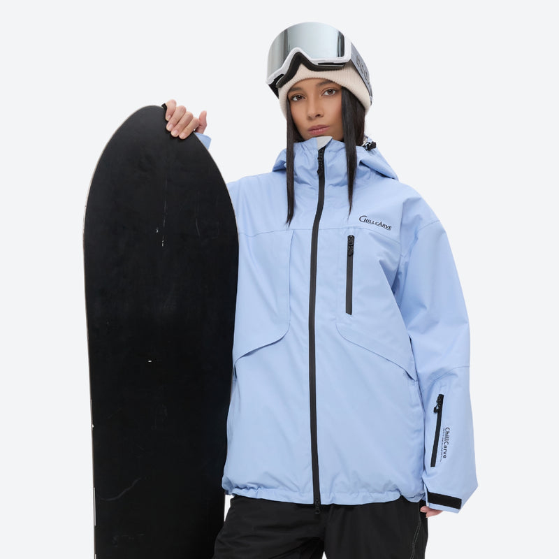 Waterproof snow jacket and pants set - sky blue, on-model front with upright snowboard, for powder and piste riding