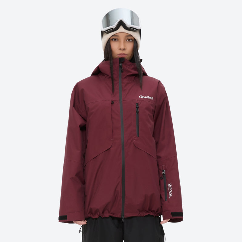 Colorblock ski jacket and pants set - women's solid wine, on-model front with goggles, for skiing and snowboarding