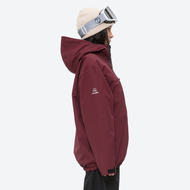 Waterproof 2L snow jacket and pants set - women's solid wine, on-model side hood view, for resort and powder riding