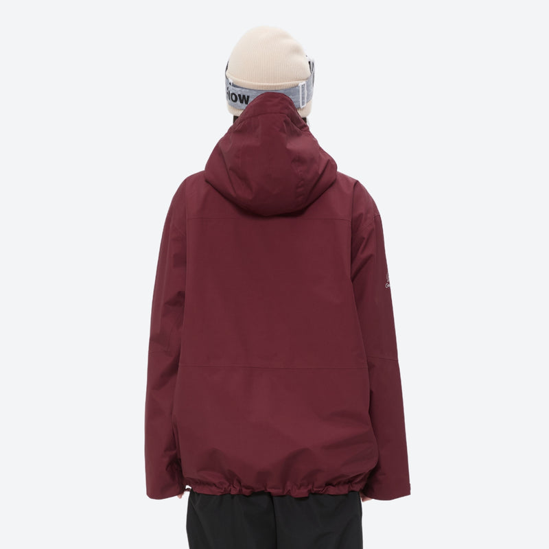 Colorblock ski jacket and pants set - women's solid wine, on-model back hood view, for cold-weather winter sports