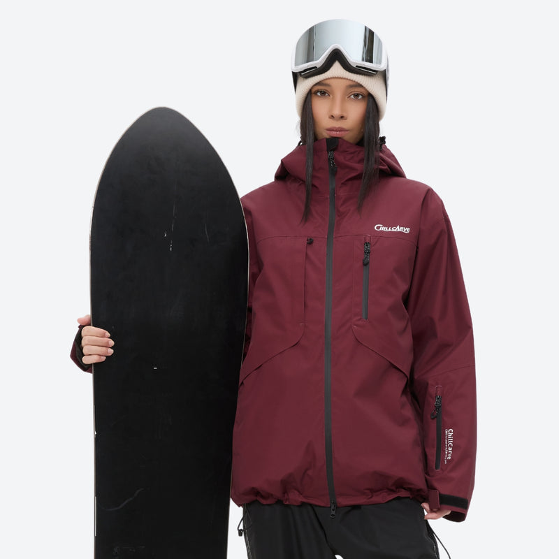 Breathable 2L snowboard jacket and pants - women's wine and black colorblock, for skiing and snowboarding