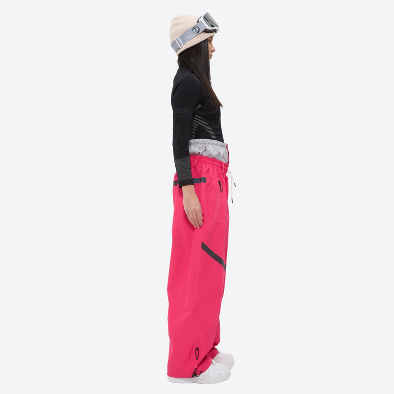Colorblock snowboard jacket and pants set - women's rose pink pants with black base layer, for resort and backcountry days