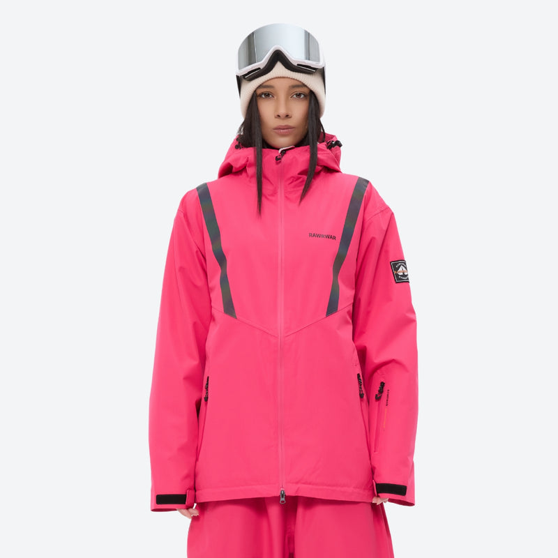 Women's waterproof snow jacket and pants set - pink jacket, on-model front view, for resort and street wear