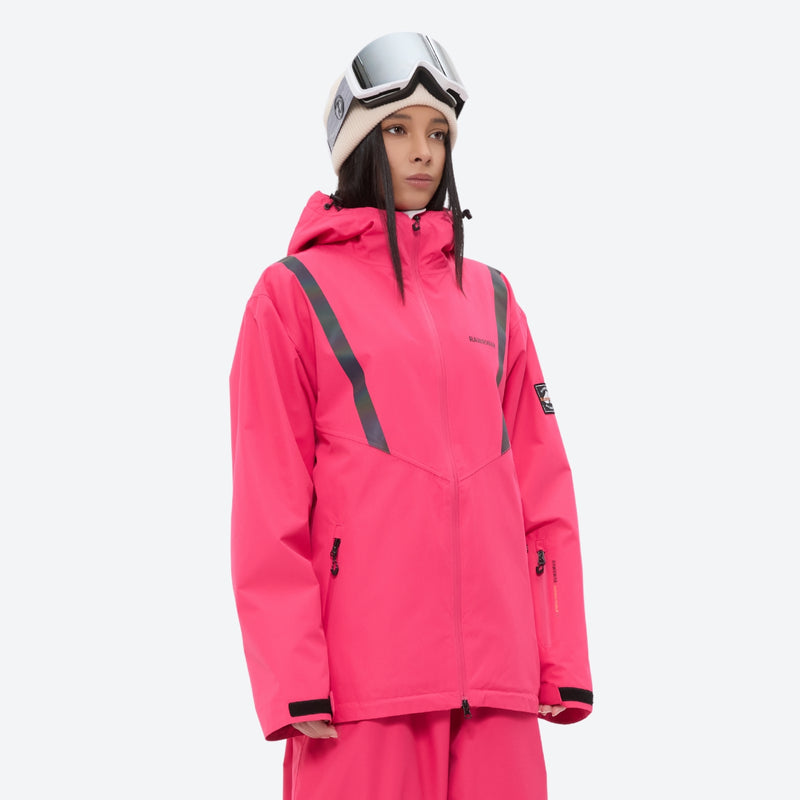 Women's waterproof snow jacket and pants set - pink jacket, on-model three-quarter front view, for skiing and snowboarding
