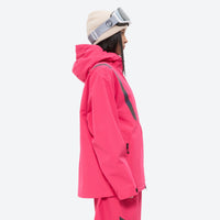 
                  
                    Women's breathable ski jacket with iridescent straps - pink jacket, on-model side view, for resort and street wear
                  
                