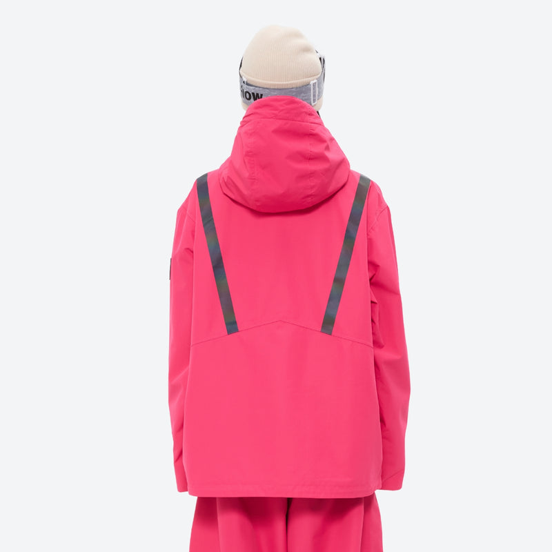 Breathable ski jacket and snow pants combo - rose pink, on-model back hood view, for resort and backcountry days
