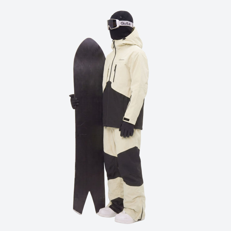 Men's waterproof 2L snow jacket and pants set - cream and black colorblock, for cold-weather winter sports