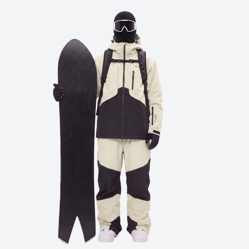 Men's colorblock snowboard jacket and pants - cream and black colorblock, for powder and piste riding
