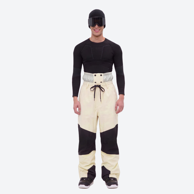 Men's colorblock snowboard jacket and pants - cream and black colorblock pants, for cold-weather winter sports