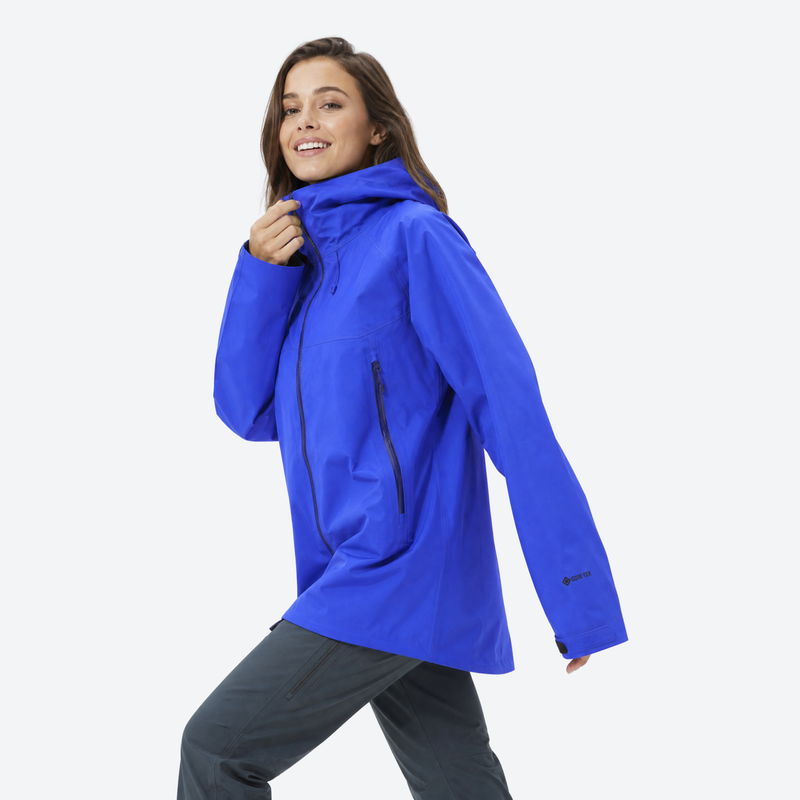 Women's breathable lightweight 3-layer shell with hood - blue hardshell jacket, for resort and backcountry days