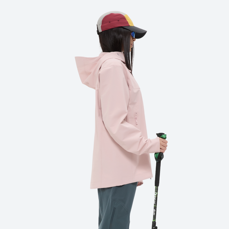 Women's light water-repellent hiking jacket - pink softshell jacket, on-model side view, for spring and autumn outdoor wear
