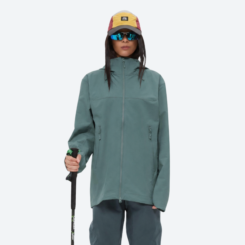 Women's waterproof softshell lightweight jacket - green softshell jacket, on-model front view, for light rain protection