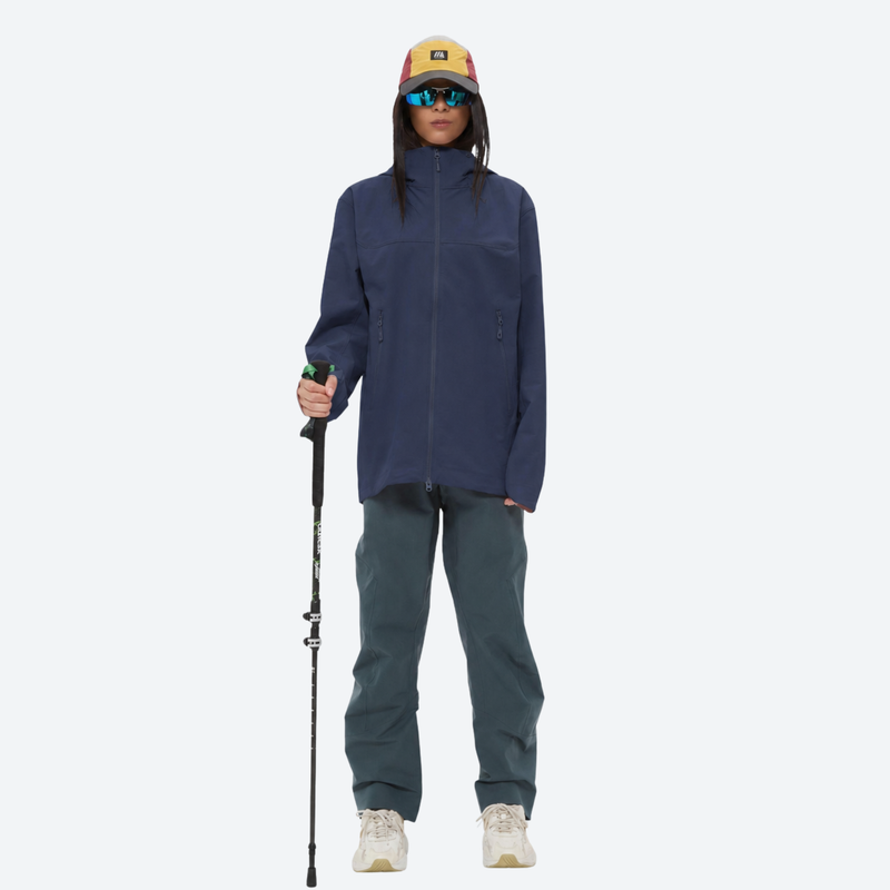Women's waterproof softshell lightweight jacket - navy softshell jacket, on-model front view, for hiking and trekking