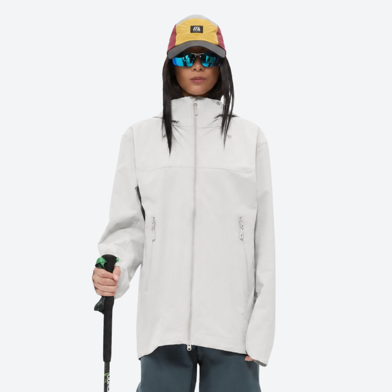 Women's breathable softshell outdoor jacket - white softshell jacket, on-model front view, for travel and daily commute