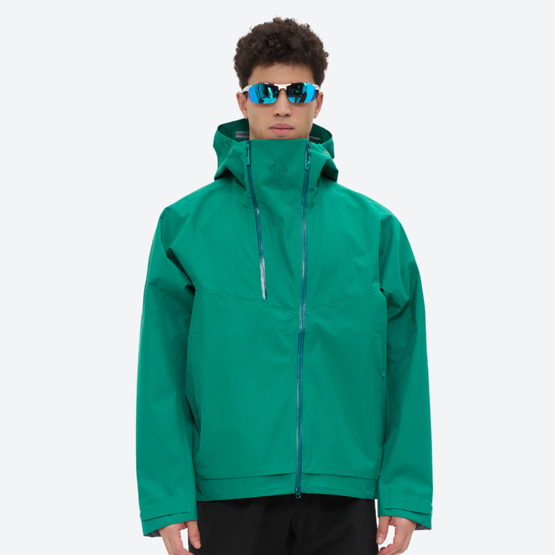 Men's breathable 3-layer shell with high collar hood - teal hardshell jacket, for resort and backcountry days