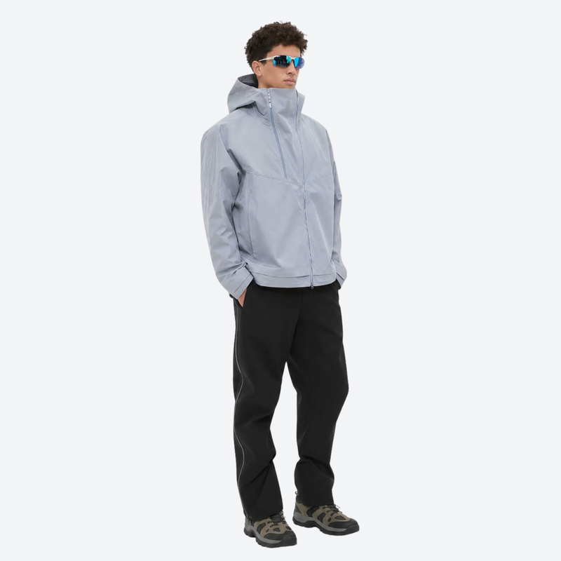 Men's waterproof 3L hardshell ski jacket - light gray hardshell jacket, full-body side view, for resort and backcountry days