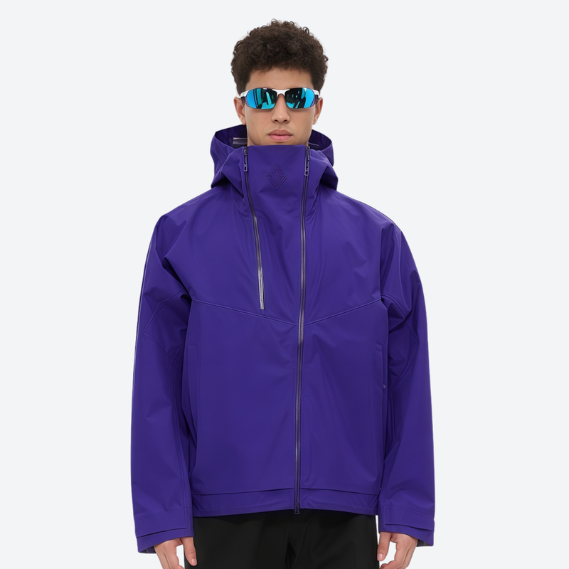 Men's hardshell snowboard jacket with taped seams - purple hardshell jacket, on-model front view, for powder and piste riding