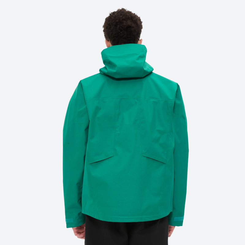 Men's breathable 3-layer shell with high collar hood - teal hardshell jacket, on-model back view, for skiing and snowboarding