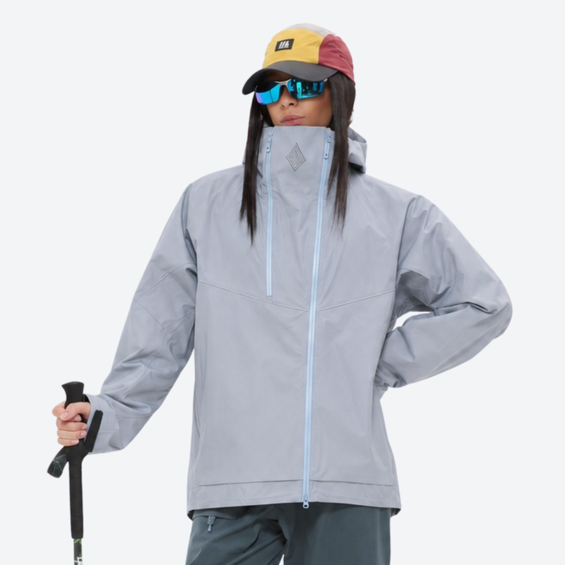 Women's breathable 3-layer shell with high collar hood - light gray hardshell jacket, for resort and backcountry days