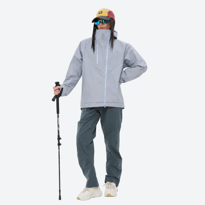 Women's breathable 3-layer shell with high collar hood - light gray hardshell jacket, for skiing and snowboarding