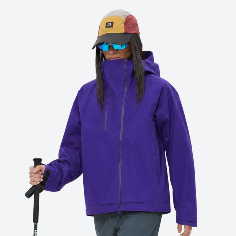 Women's breathable 3-layer shell with high collar hood - purple hardshell jacket, for powder and piste riding