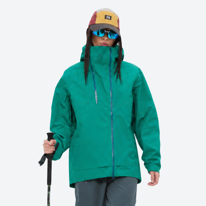 Women's breathable 3-layer shell with high collar hood - teal hardshell jacket, for cold-weather winter sports