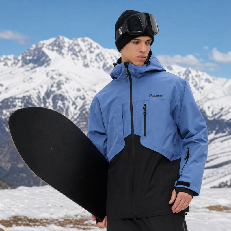 Breathable 2L snowboard jacket and pants - blue and black colorblock, for cold-weather winter sports