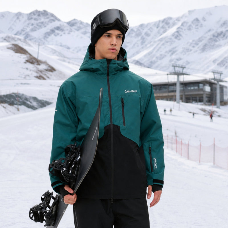 Colorblock ski jacket and pants set - teal and black colorblock, for skiing and snowboarding
