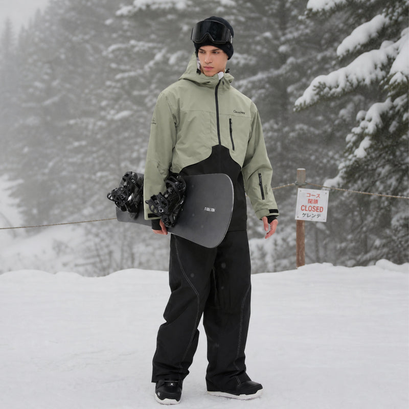 Waterproof 2L snow jacket and pants set - sage green and black colorblock, for skiing and snowboarding