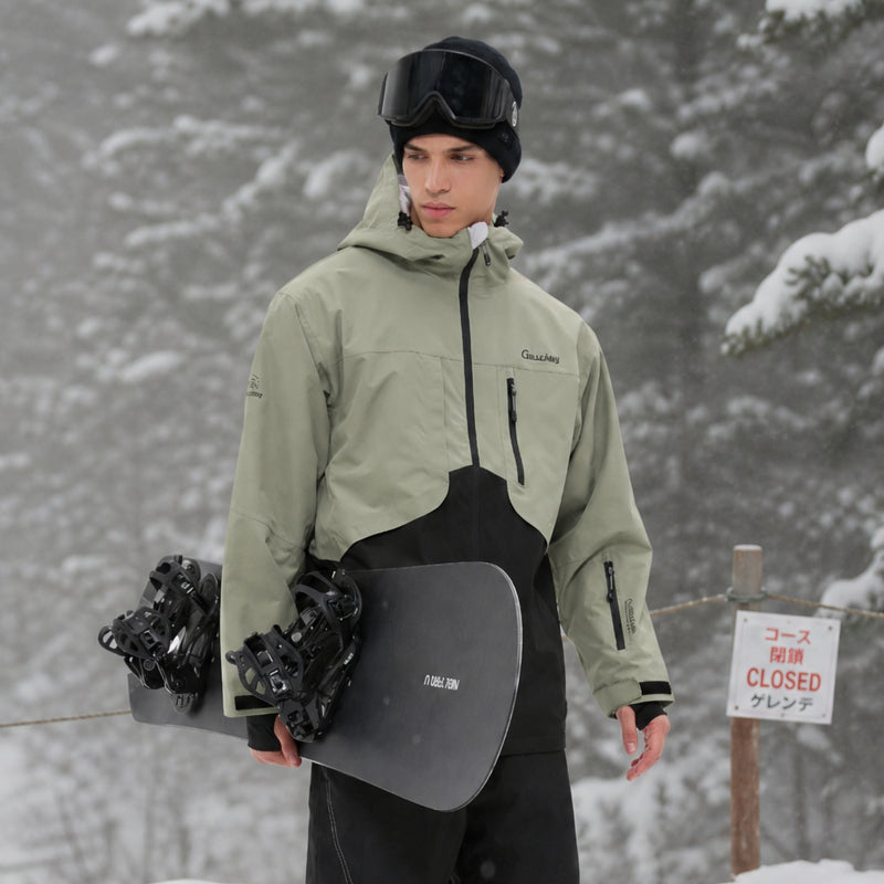Breathable 2L snowboard jacket and pants - sage green and black colorblock, for skiing and snowboarding