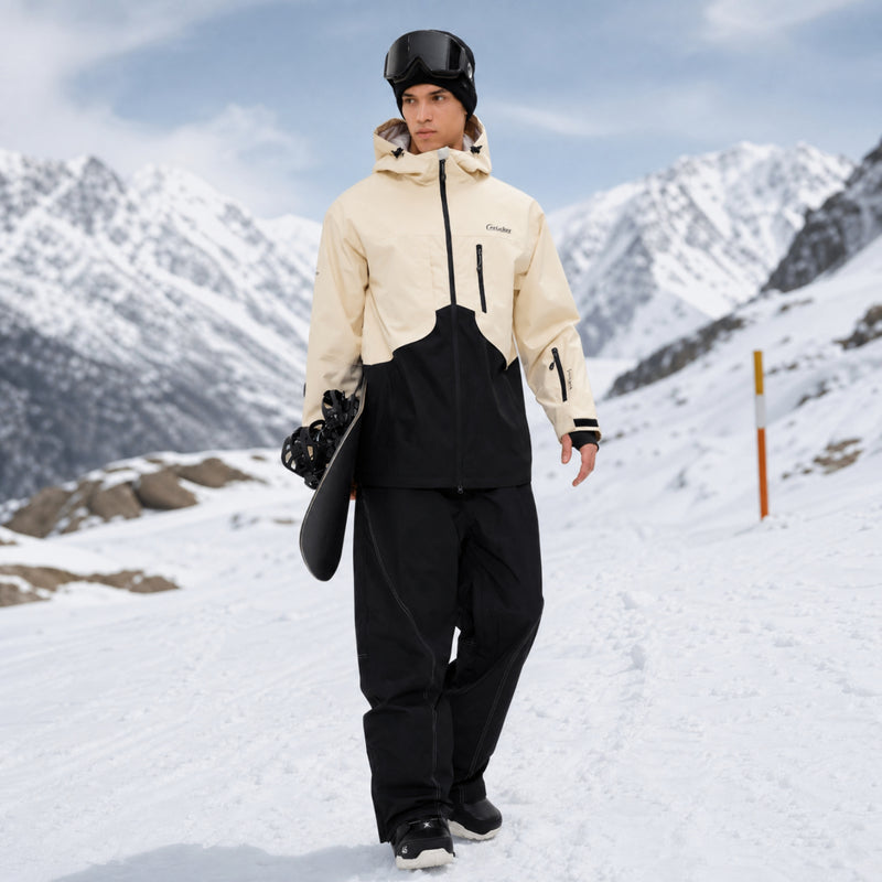 Colorblock ski jacket and pants set - cream and black colorblock, for resort and powder riding
